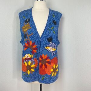 Bobbie Brooks Harvest Pumpkin Patch Blue Sweater Vest XL Appliquéd Cotton Ramie